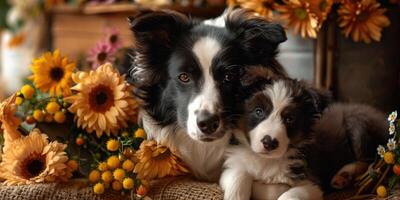 Two dogs laying next to each other with flowers photo