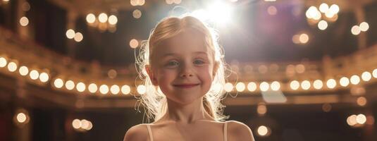 A little girl is smiling in front of a spotlight photo