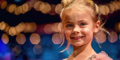 A little girl smiling in front of a crowd photo