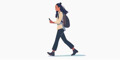 A woman walking with a backpack and cell phone photo