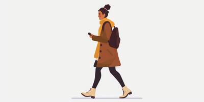 A woman walking with a backpack and a phone photo