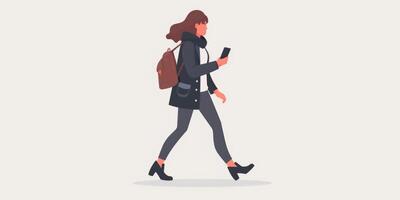 A woman walking with a backpack and phone photo