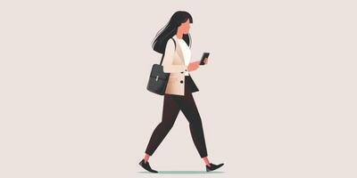 A woman walking with her phone in her hand photo