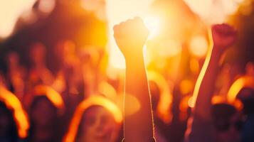 A crowd of people with their hands up in the air photo