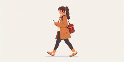 A woman walking with a phone in her hand photo