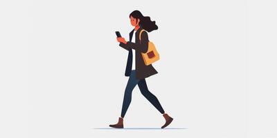 A woman walking with her phone in her hand photo