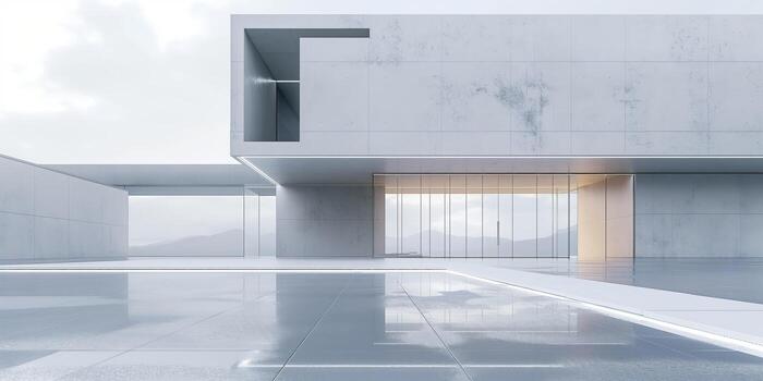 A modern building with a pool and a large window photo