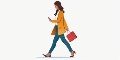 Woman walking with a bag and phone in hand photo