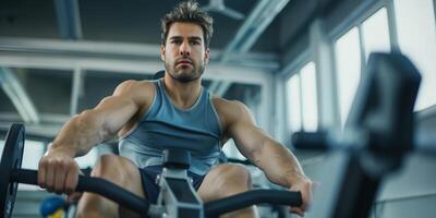 A man is sitting on a rowing machine in a gym photo
