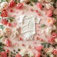 Baby clothes and flowers on a pink background photo