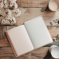 An open book and coffee cup on a wooden table with flowers photo