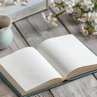 An open book and a cup of coffee on a wooden table photo
