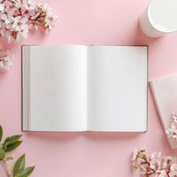 Open book, notebook, cup of coffee and flowers on pink background photo