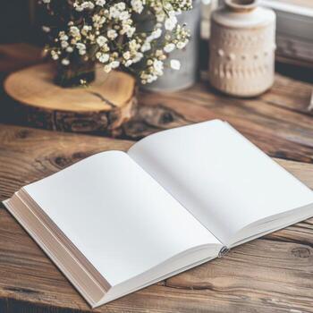 An open book on a wooden table with flowers and vase photo