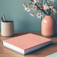 A pink notebook, a pencil and a flower vase on a wooden table 3d rendering photo