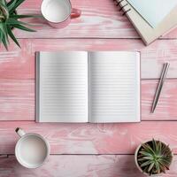 Open notebook, coffee cup, pen, and plant on pink wooden table top view photo