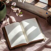 An open book and a potted plant on a bed photo