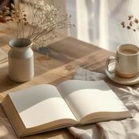 An open book, a cup of coffee and a vase of dried flowers on a wooden table photo