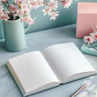 Open notebook with pen and flowers on marble table photo