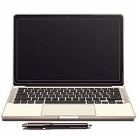 A laptop computer with a pen and a blank screen photo