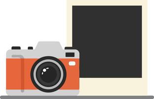 Retro-styled camera and laptop arranged on a flat surface showcasing minimal design aesthetics in art vector