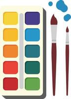 Colorful watercolor palette with two brushes and paint splashes in a flat design style illustration vector