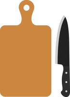 A wooden cutting board with a sharp black kitchen knife in a minimal flat design style, perfect for culinary illustration vector