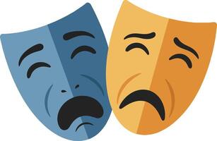 Two theatrical masks representing comedy and tragedy in a flat design style showcasing emotions in vibrant colors, perfect for creative projects, art vector