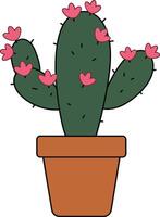 A vibrant green cactus adorned with pink flowers in a simple brown pot, designed in a flat, minimal art style vector
