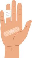 A hand with visible injuries showing a bandage and a gauze wrap in a flat illustration style, conveying a sense of care and healing through simplicity vector