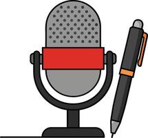 Microphone with red accents and a sleek black pen, minimal design, representing creativity and communication in art vector
