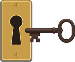 Key inserted into a vintage golden keyhole in a flat design style art vector
