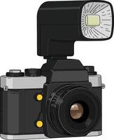 Classic digital camera with external flash in a minimal flat design style showcasing photography equipment art vector