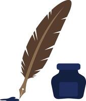 Elegant quill pen resting in ink bottle, showcasing classic writing tools in flat design style, perfect for creativity and inspiration art vector
