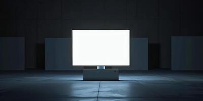 A large square light on a floor in a dark room photo