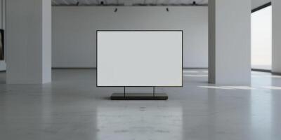 Blank white frame in empty room with white floor photo