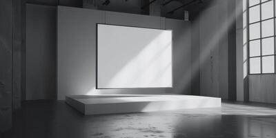 An empty room with a large white frame photo