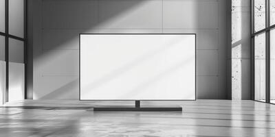 Blank white billboard in empty room with large windows photo