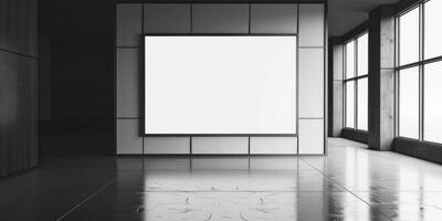 Black and white photo of empty room with a blank frame