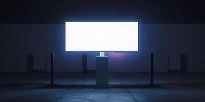 An empty billboard stands in a dark room photo
