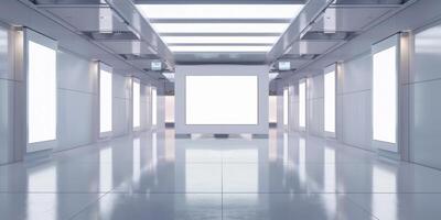 An empty hallway with white walls and a large blank screen photo