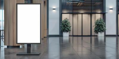 A blank sign in a lobby with a large window photo