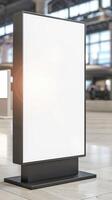 A blank billboard is sitting on a floor in an airport photo