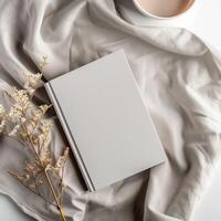Blank book and coffee cup on white cloth photo