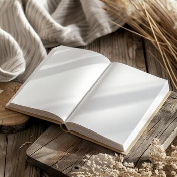An open book on a wooden table with a blanket photo