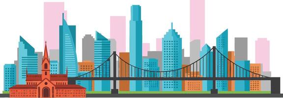 City skyline featuring colorful buildings and a bridge in a flat design style showcasing modern architecture and vibrant urban life, illustration vector