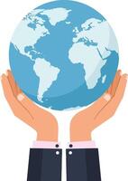 Hands holding a globe with continents visible in a flat design style showcasing global unity and care in art vector