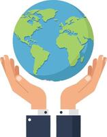 Hands supporting a colorful globe representing Earth in a flat design style showcasing global unity and environmental awareness through art vector