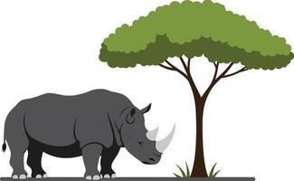 Rhinoceros standing beside a green tree in a flat, minimal design style, showcasing wildlife in art vector