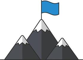 Majestic mountains with snow-capped peaks and a bright blue flag waving in the wind, flat illustration capturing adventure and achievement vector
